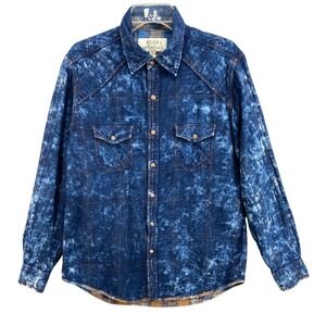 Ryan Michael Shirt Mens Sz L Blue Acid Wash Western Snap Plaid Lined Denim